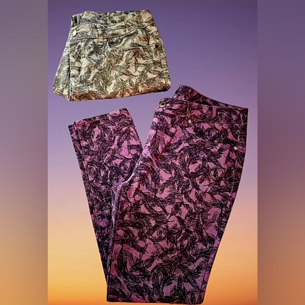 📣 2️⃣ Pair Women's Faded Glory Leaf 🌴 Print Pants / Jeans 👖 Size 12 Cute 😍